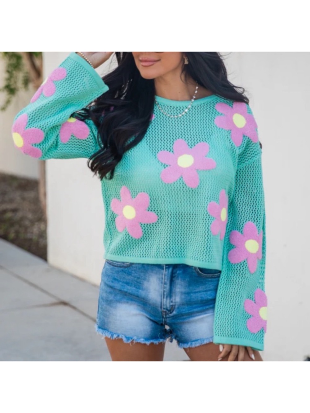 Pink Lily Floral Mesh Sweater In Teal And Pink
